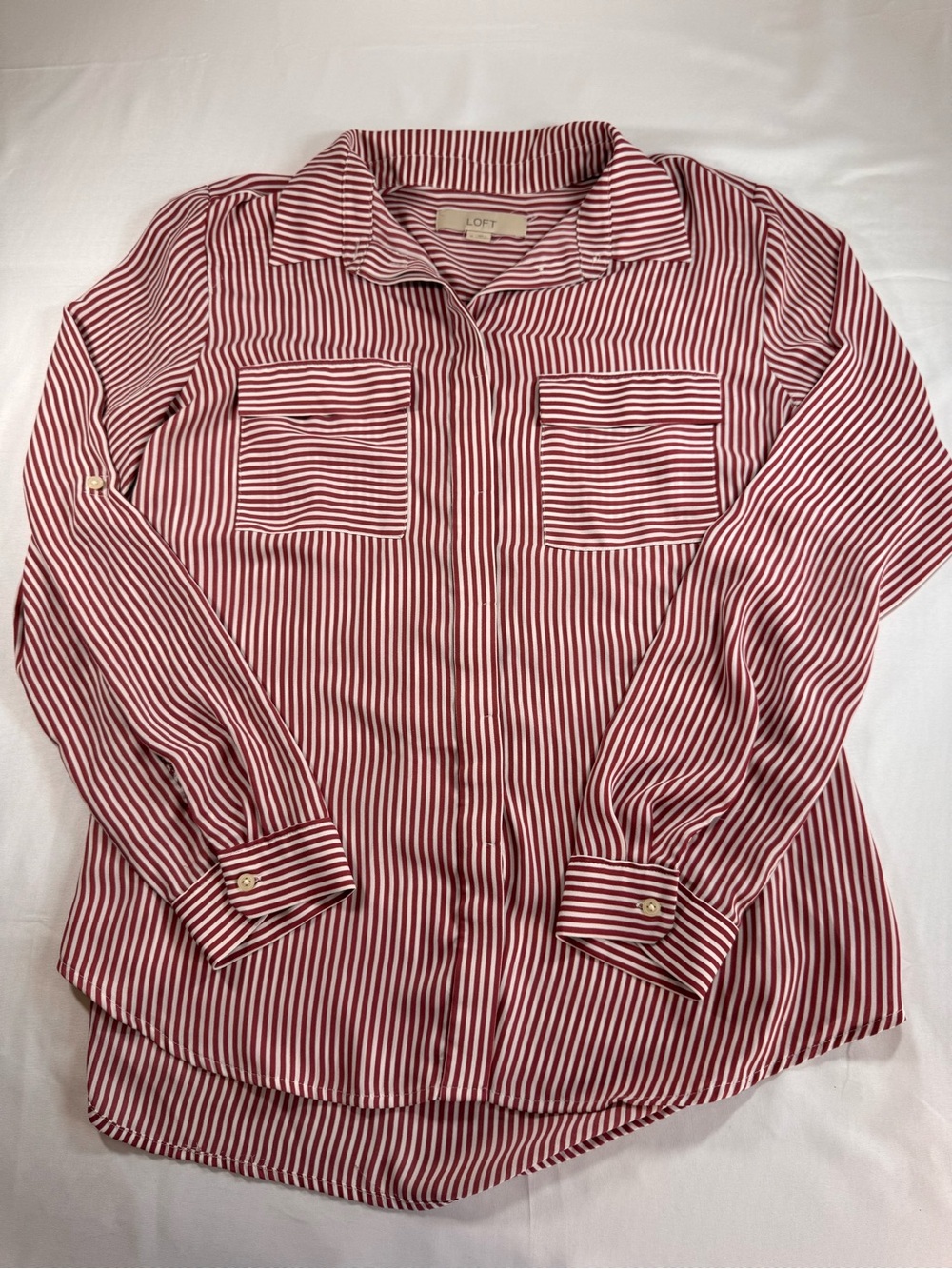 LOFT Women’s Medium Red White Stripe Utility Blouse Roll Tab Long Sleeve Top